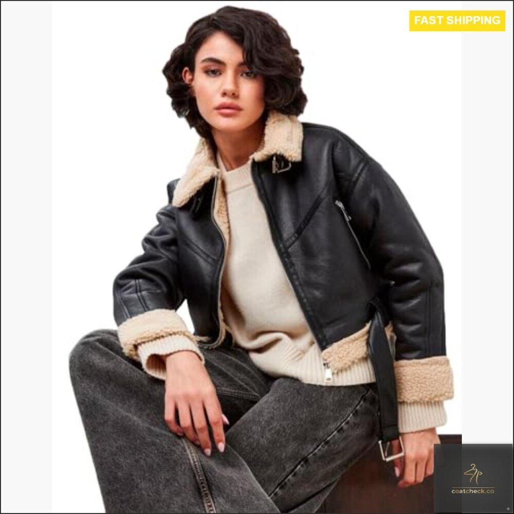 Faux Leather Aviator Bomber Jacket with Sherpa Lining, Winter Coat - Picture 2 of 7